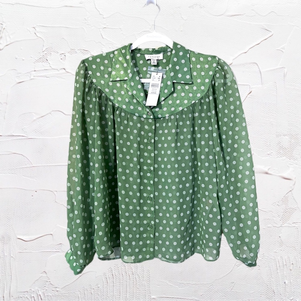 Topshop | Sheer Green Polka Dot Shirt